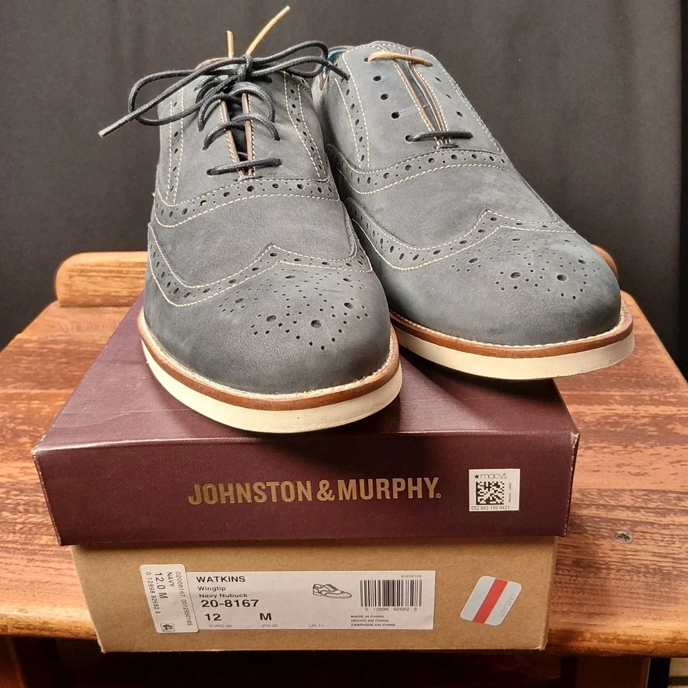 Johnston & Murphy Watkins Navy Nubuck Wingtip Oxford Shoes 20-8167 Mens 12 M